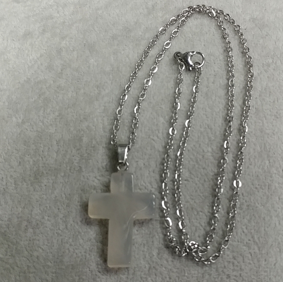 White Agate Cross 23.5" Necklace Natural Gemstone Crystal Pendant StainlessSteel - Picture 9 of 12